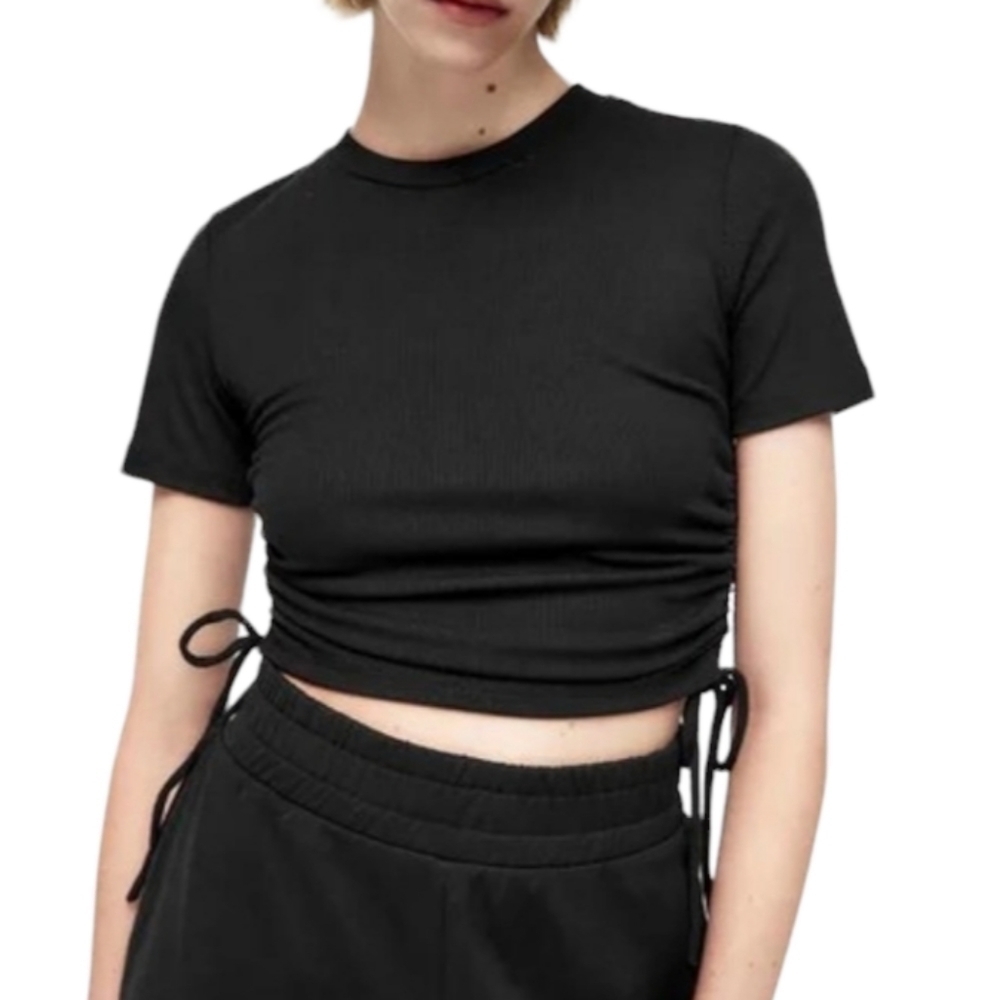 ZARA ruched ribbed short sleeve crop top black NWT y2k